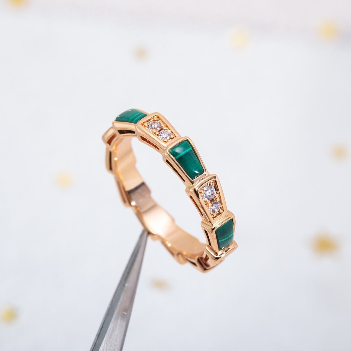 [Marins]SERPENTI RING PINK GOLD MALACHITE DIAMOND 3MM