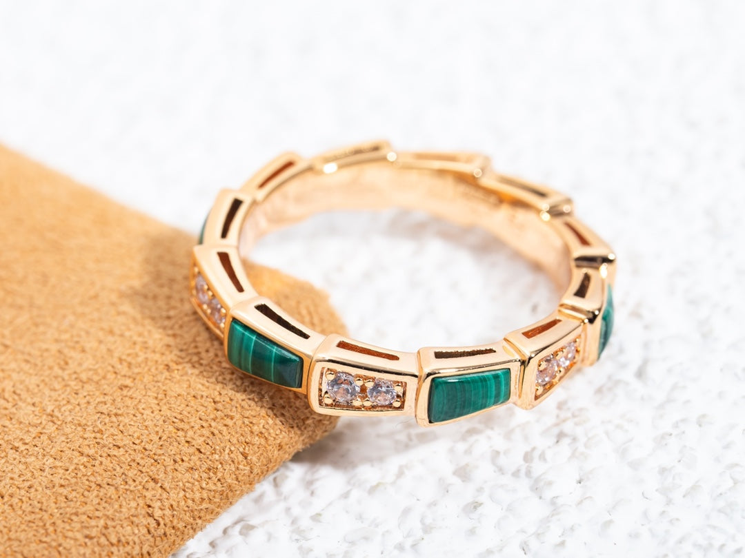 [Marins]SERPENTI RING PINK GOLD MALACHITE DIAMOND 3MM