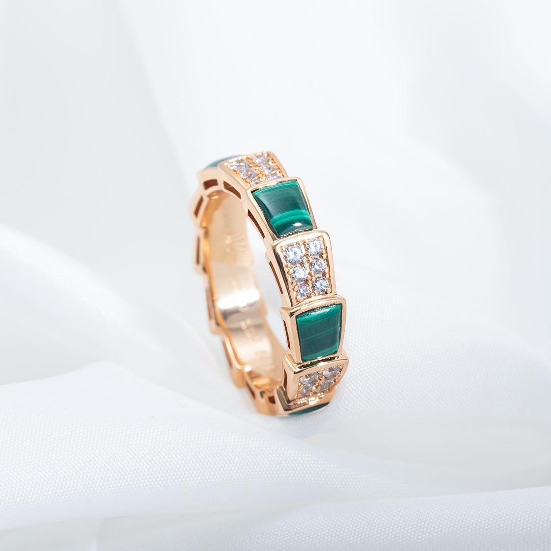 [Marins]SERPENTI RING PINK GOLD MALACHITE DIAMOND PAVED 4MM