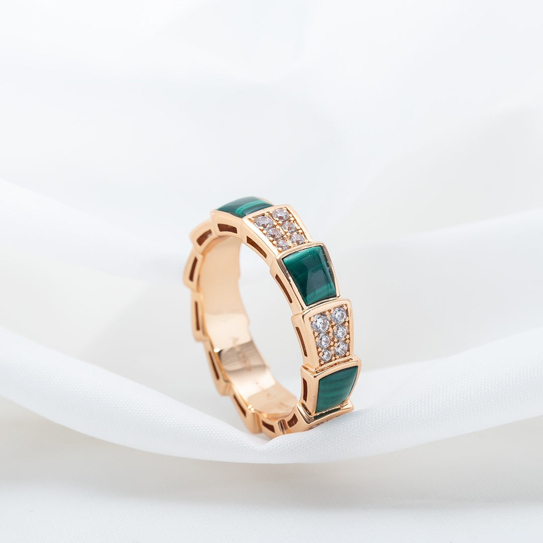 [Marins]SERPENTI RING PINK GOLD MALACHITE DIAMOND PAVED 4MM
