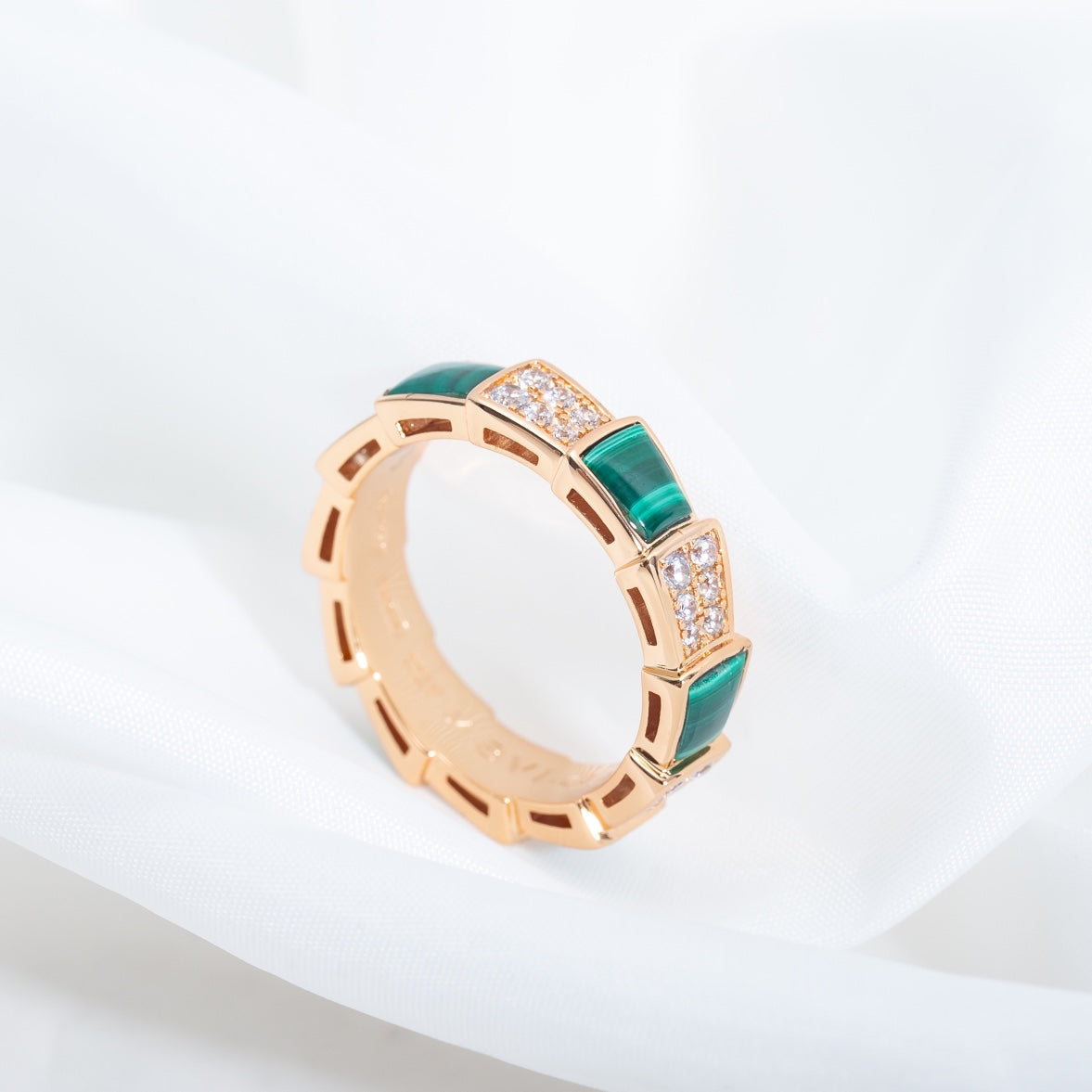 [Marins]SERPENTI RING PINK GOLD MALACHITE DIAMOND PAVED 4MM