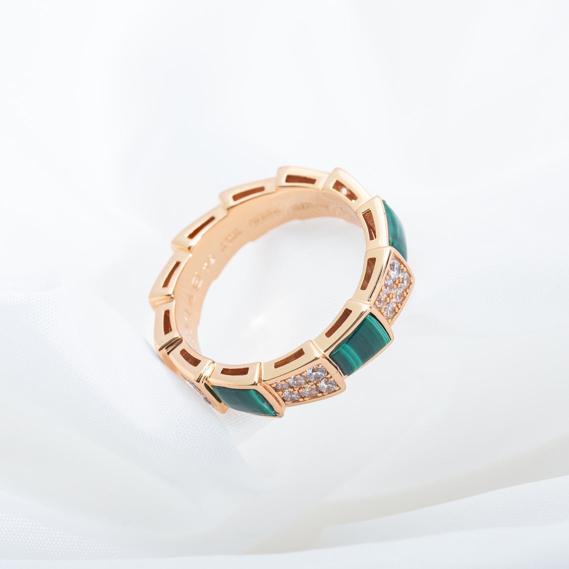 [Marins]SERPENTI RING PINK GOLD MALACHITE DIAMOND PAVED 4MM