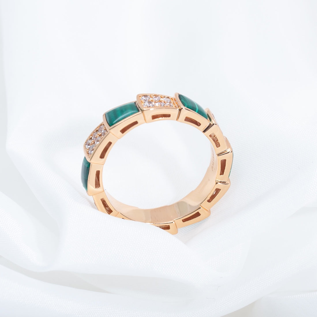 [Marins]SERPENTI RING PINK GOLD MALACHITE DIAMOND PAVED 4MM
