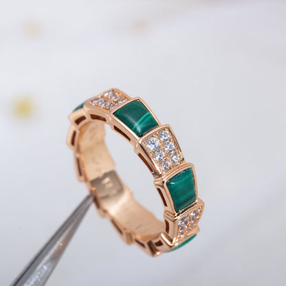 [Marins]SERPENTI RING PINK GOLD MALACHITE DIAMOND PAVED 4MM