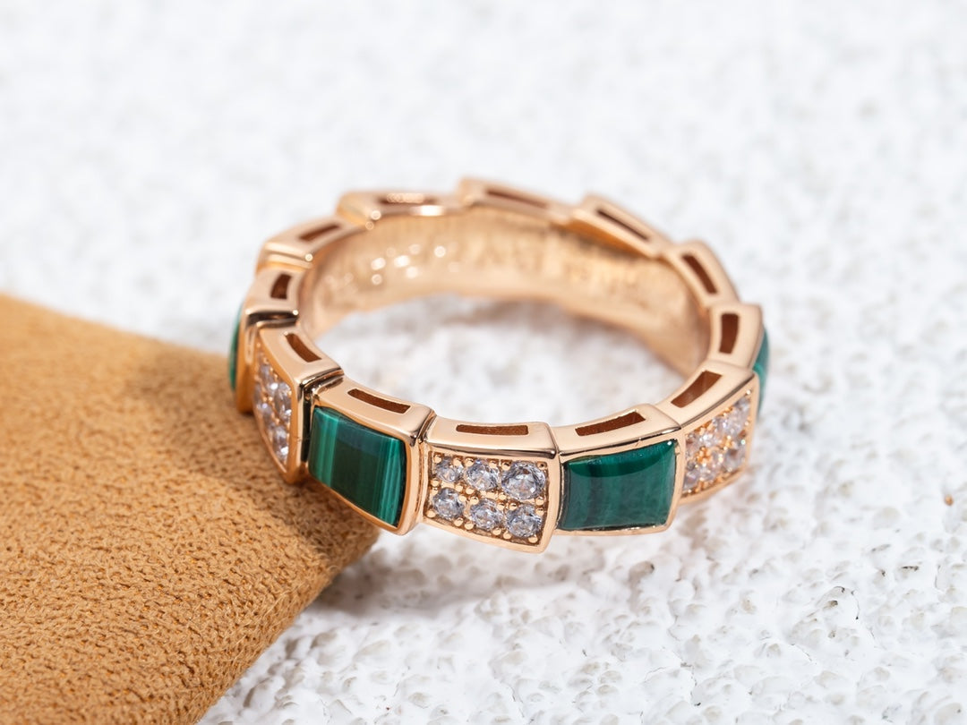 [Marins]SERPENTI RING PINK GOLD MALACHITE DIAMOND PAVED 4MM