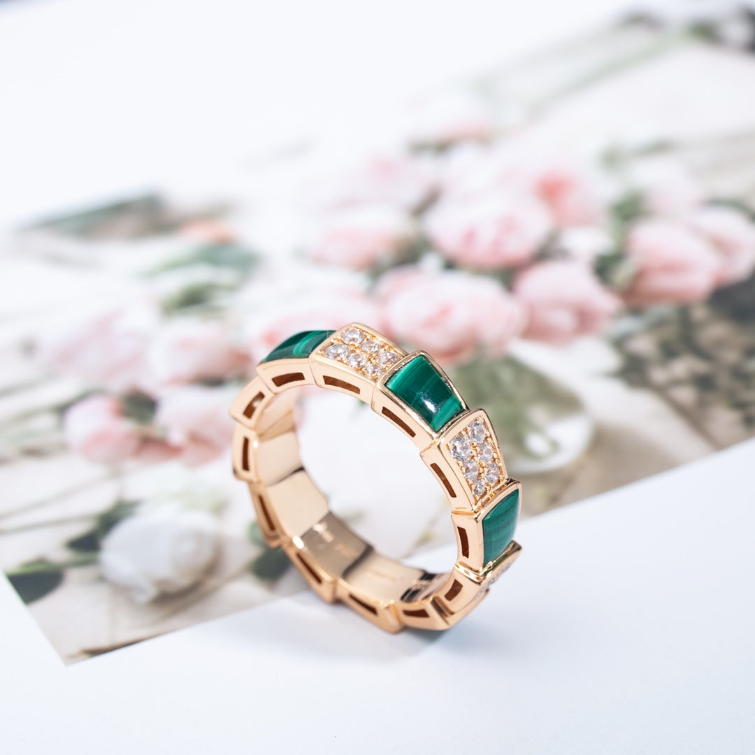 [Marins]SERPENTI RING PINK GOLD MALACHITE DIAMOND PAVED 4MM