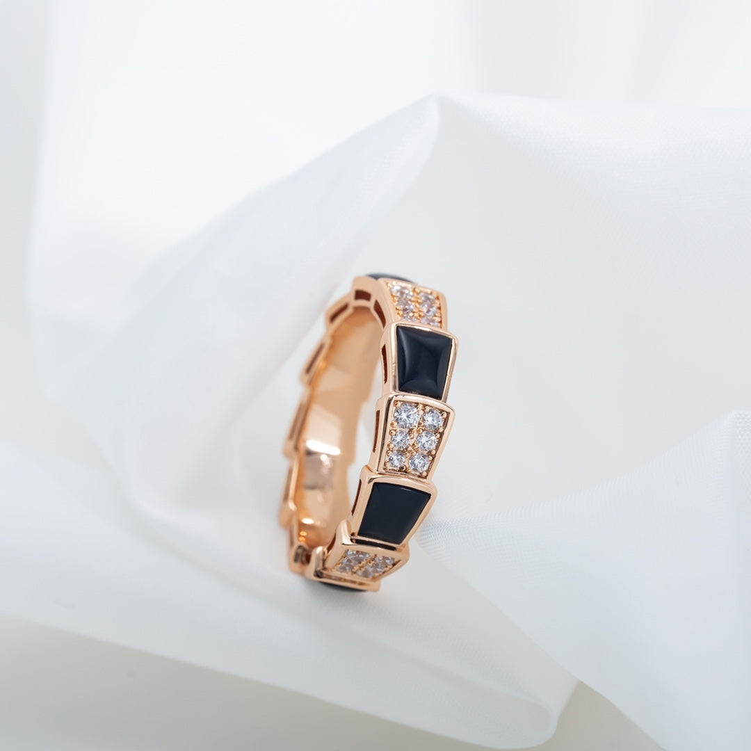 [Marins]SERPENTI RING PINK GOLD BLACK MOP DIAMOND PAVED 4MM