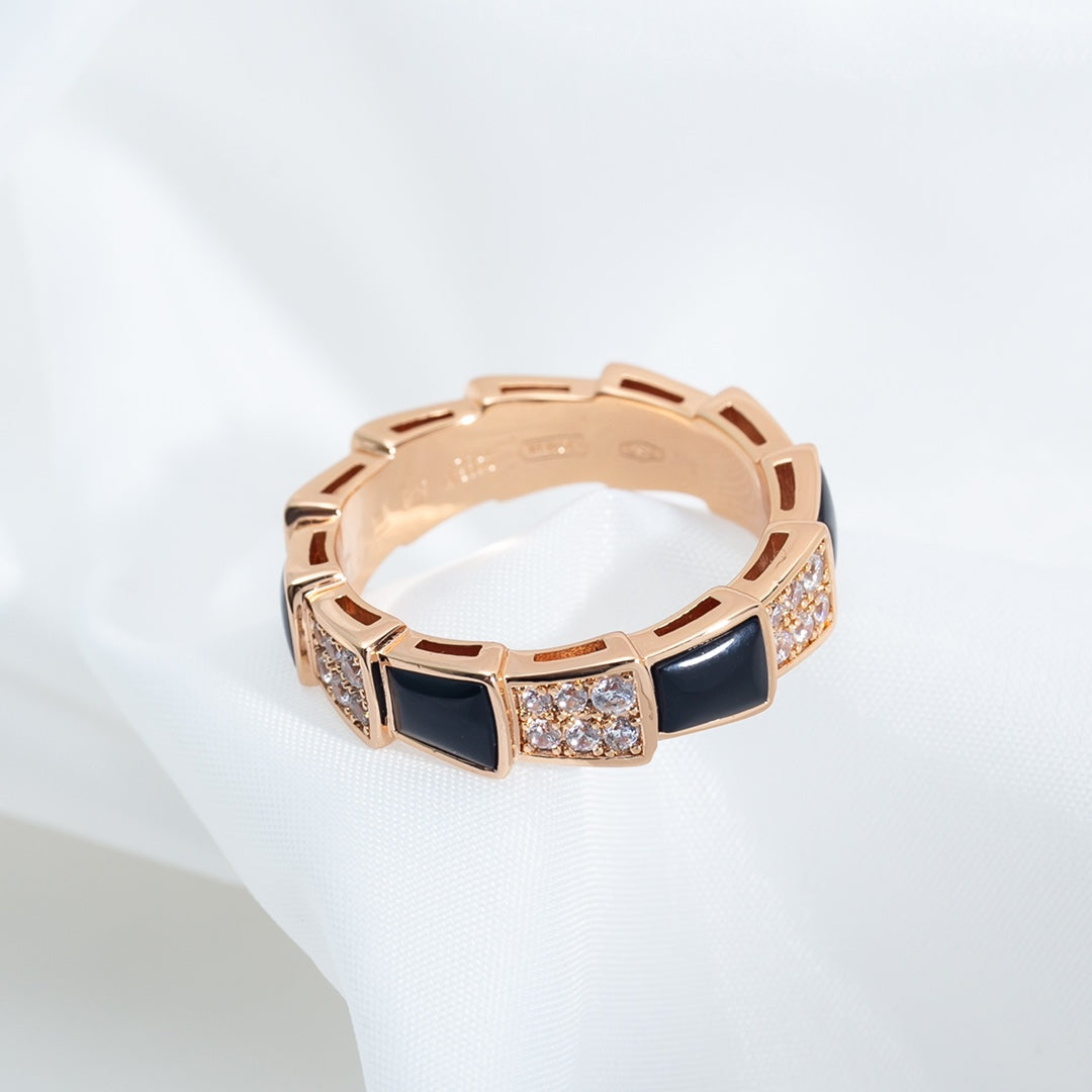 [Marins]SERPENTI RING PINK GOLD BLACK MOP DIAMOND PAVED 4MM