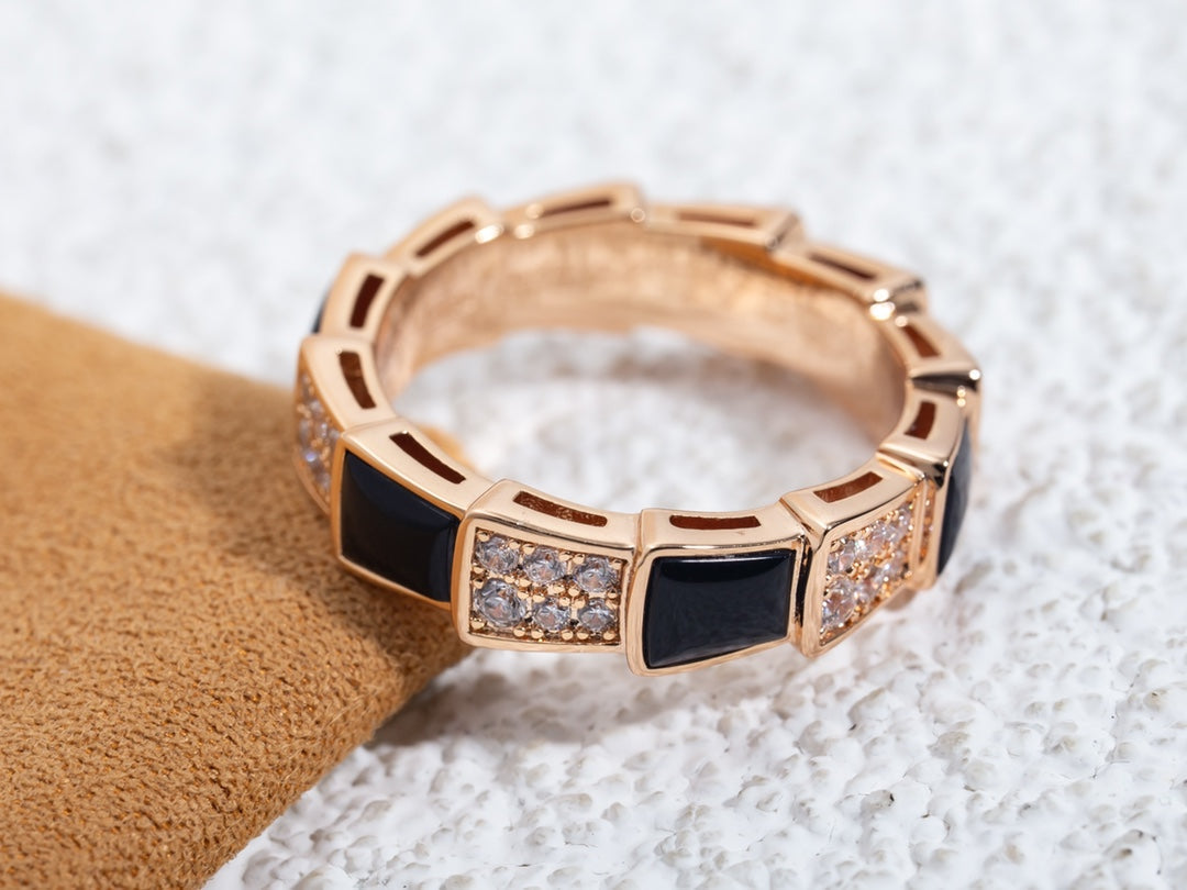 [Marins]SERPENTI RING PINK GOLD BLACK MOP DIAMOND PAVED 4MM