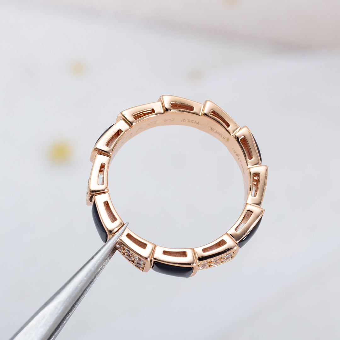 [Marins]SERPENTI RING PINK GOLD BLACK MOP DIAMOND PAVED 4MM