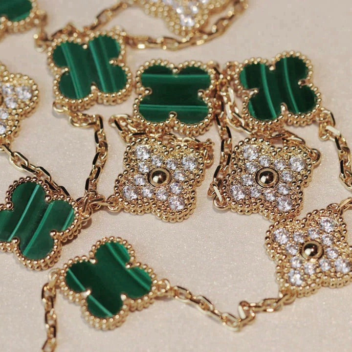 [Marins]CLOVER 20 MOTIFS MALACHITE DIAMOND NECKLACE