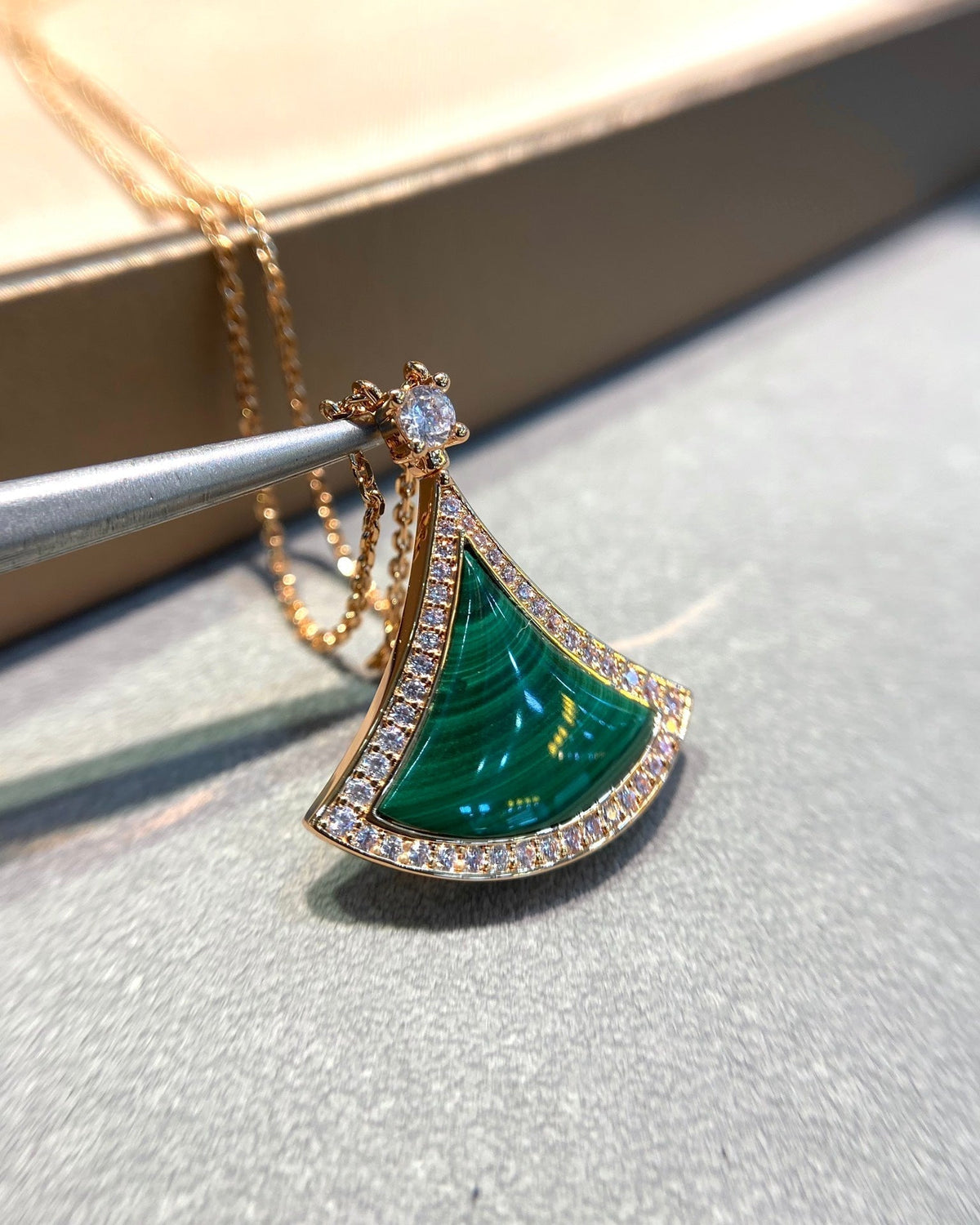 [Marins]DREAM MALACHITE DIAMOND PAVED PINK GOLD NECKLACE