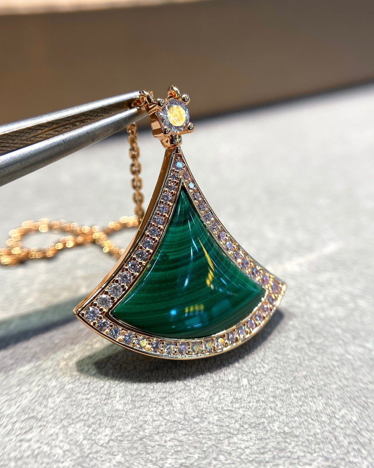 [Marins]DREAM MALACHITE DIAMOND PAVED PINK GOLD NECKLACE