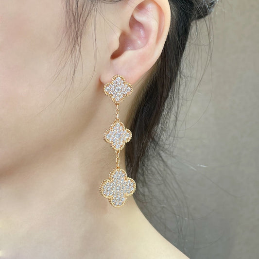 [Marins]CLOVER 3 MOTIFS DIAMOND PAVED ROSE GOLD EARRINGS
