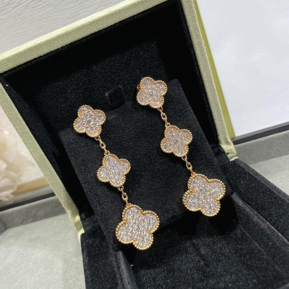 [Marins]CLOVER 3 MOTIFS DIAMOND PAVED ROSE GOLD EARRINGS
