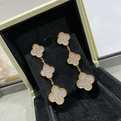 [Marins]CLOVER 3 MOTIFS DIAMOND PAVED ROSE GOLD EARRINGS