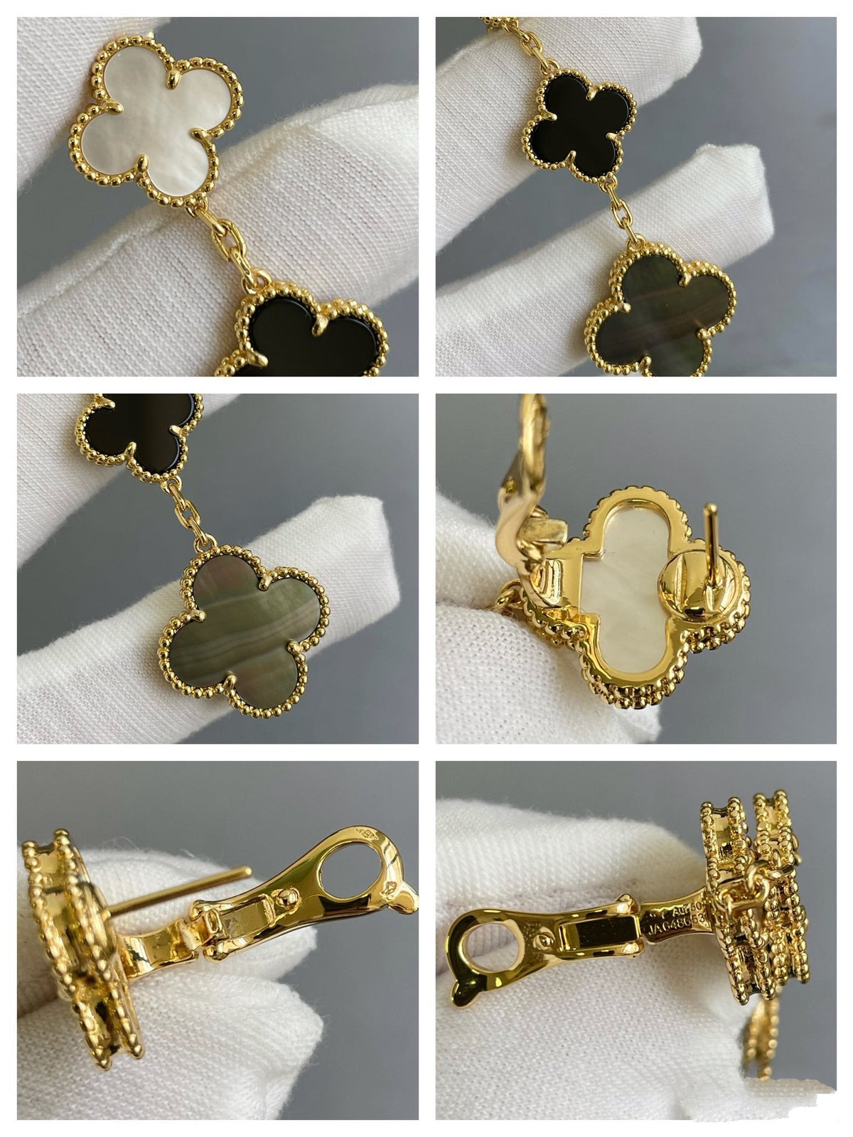 [Marins]CLOVER 3 MOTIF MOP ONYX DARK MOP PINK GOLD EARRINGS