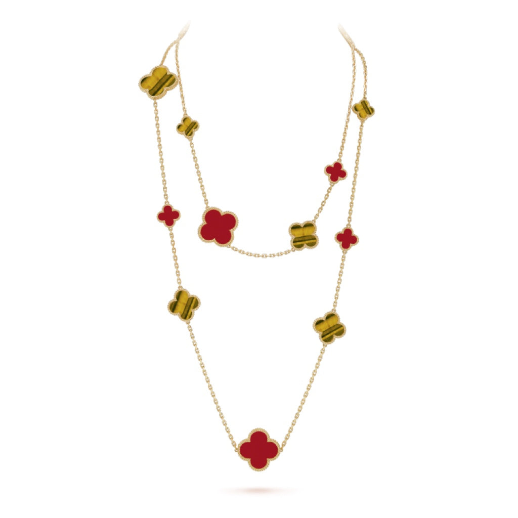 [Marins]CLOVER 16 MOTIF CARNELIAN TIGER EYE ROSE GOLD NECKLACE