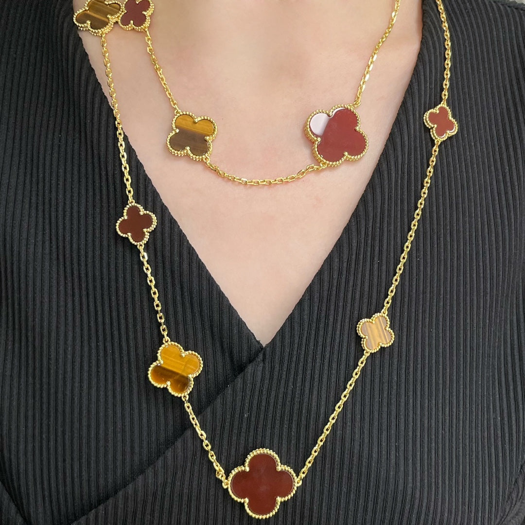 [Marins]CLOVER 16 MOTIF CARNELIAN TIGER EYE ROSE GOLD NECKLACE