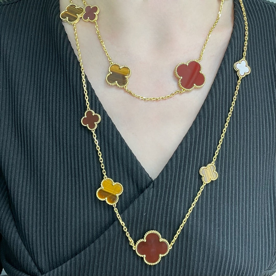 [Marins]CLOVER 16 MOTIF CARNELIAN TIGER EYE ROSE GOLD NECKLACE