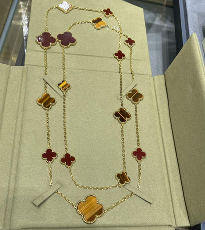 [Marins]CLOVER 16 MOTIF CARNELIAN TIGER EYE ROSE GOLD NECKLACE