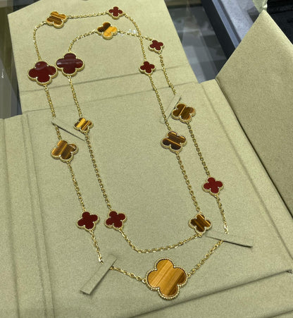 [Marins]CLOVER 16 MOTIF CARNELIAN TIGER EYE ROSE GOLD NECKLACE
