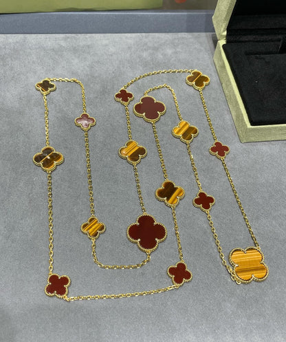 [Marins]CLOVER 16 MOTIF CARNELIAN TIGER EYE ROSE GOLD NECKLACE