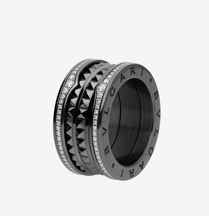 [Marins]ZERO 1 ROCK FOUR-BAND BLACK CERAMIC WITH STUDDED SPIRAL AND PAVED DIAMONDS RING