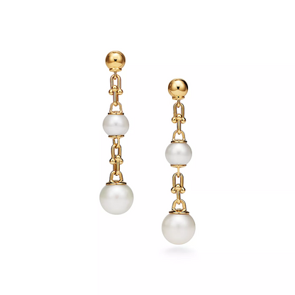 [Marins]TRIPLE DROP LINK EARRINGS GOLD WITH FRESHWATER PEARLS