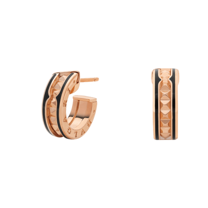 [Marins]ZERO 1 ROCK PINK GOLD EARRINGS WITH STUDDED SPIRAL AND BLACK CERAMIC