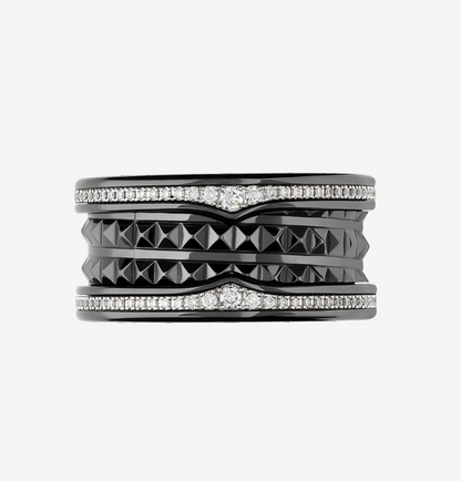 [Marins]ZERO 1 ROCK FOUR-BAND BLACK CERAMIC WITH STUDDED SPIRAL AND PAVED DIAMONDS RING