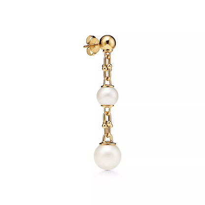 [Marins]TRIPLE DROP LINK EARRINGS GOLD WITH FRESHWATER PEARLS