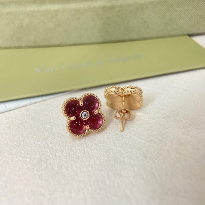 [Marins]2026 NEW  CLOVER 1 MOTIFPINK ENAMEL STUD EARRINGS WITH DIAMONDS