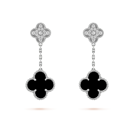 [Marins]CLOVER 2 MOTIFS  DIAMOND ONYX EARRINGS SILVER