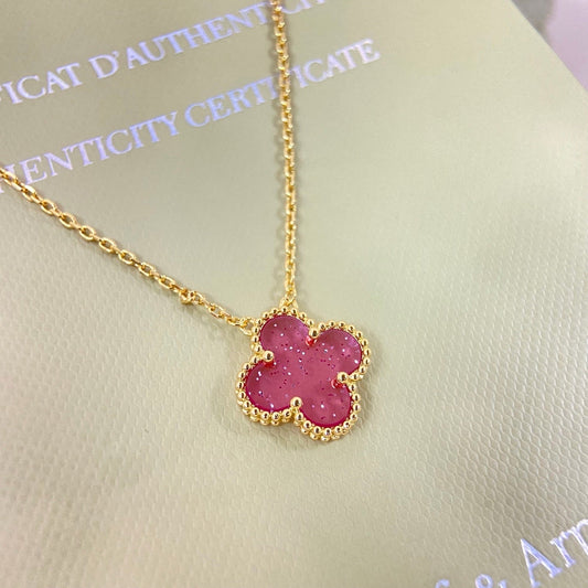 [Marins]15MM BUBBLE PINK ENAMEL SINGLE-FLOWER FOUR-LEAF CLOVER NECKLACE