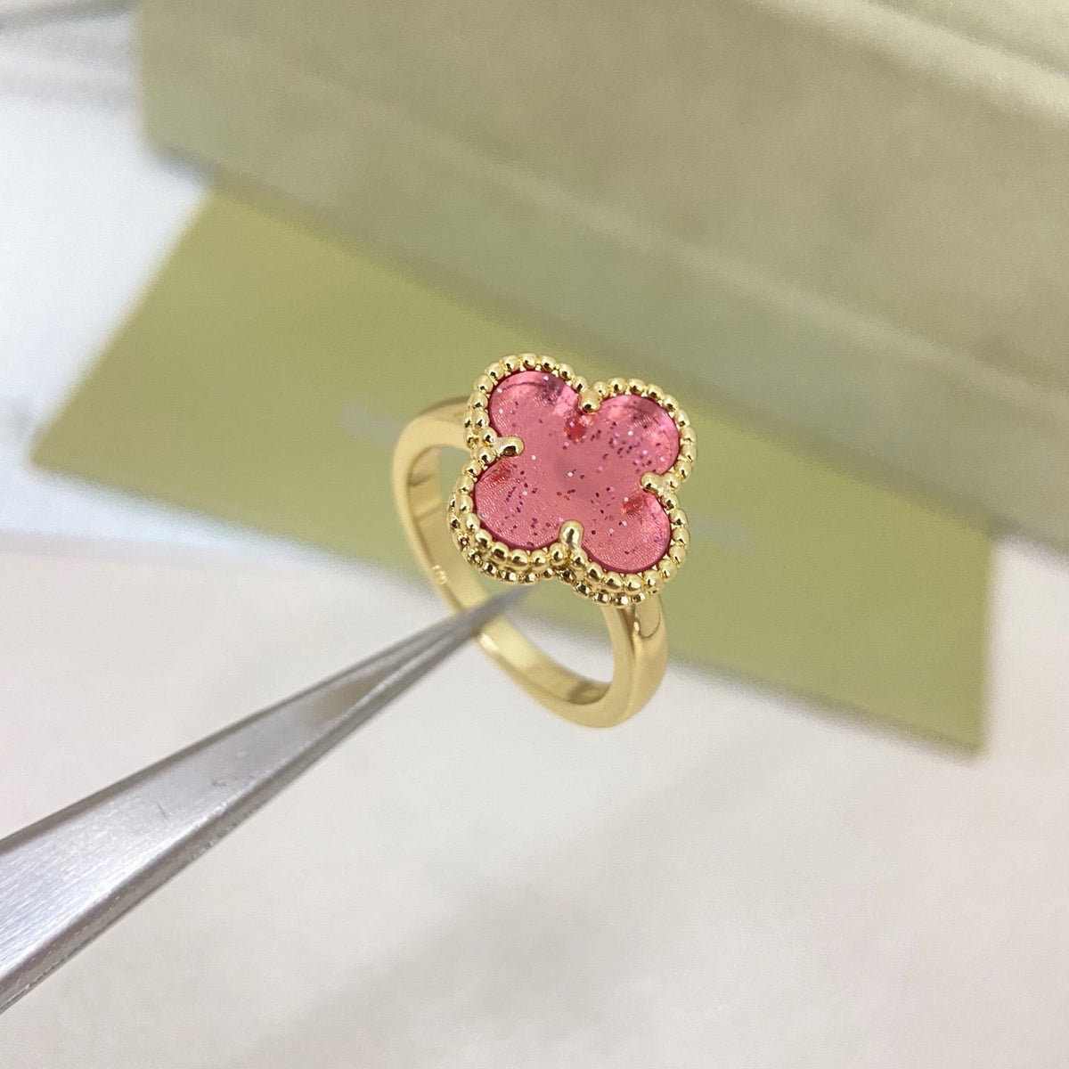 [Marins]NEW ROSE QUARTZ FOUR-LEAF CLOVER RING