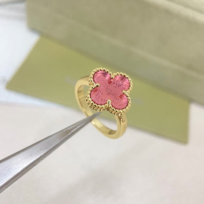 [Marins]NEW ROSE QUARTZ FOUR-LEAF CLOVER RING