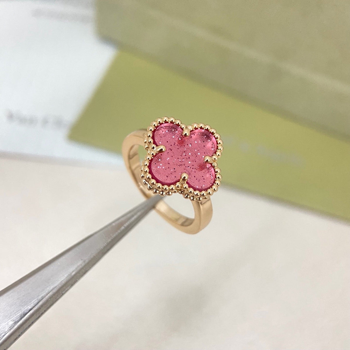 [Marins]NEW ROSE QUARTZ FOUR-LEAF CLOVER RING