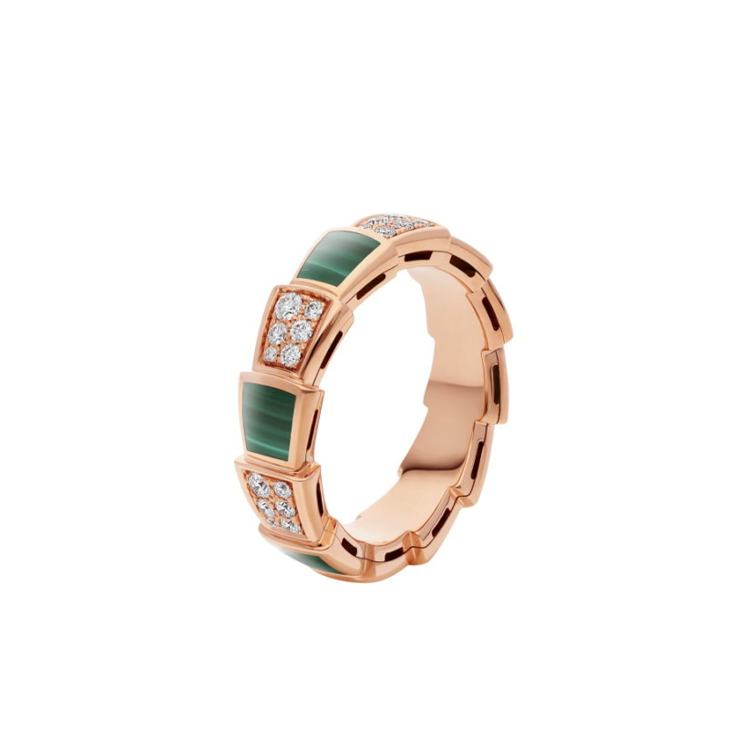 [Marins]SERPENTI RING PINK GOLD MALACHITE DIAMOND PAVED 4MM
