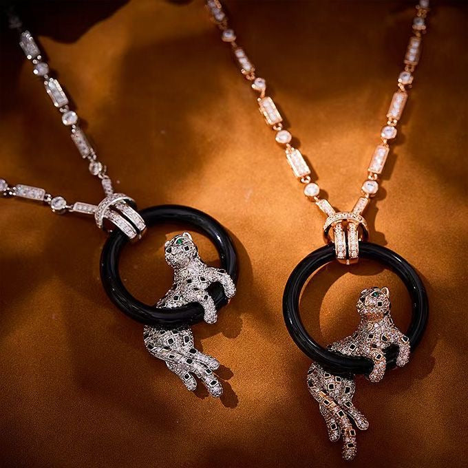 [Marins jewelrys]NEW BLACK CIRCLE PANTHER FULL DIAMOND NECKLACE