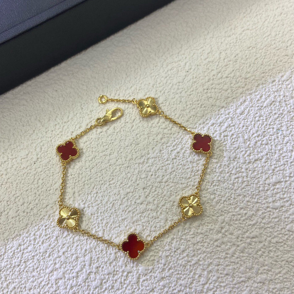 [Marins]CLOVER 6 MOTIF RED AGATE LASER BRACELET-w