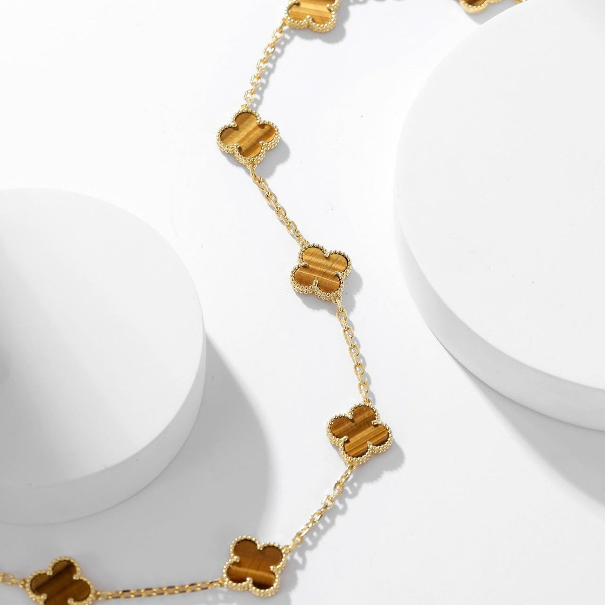 [Marins]CLOVER 10 MOTIFS TIGER EYE NECKLACE