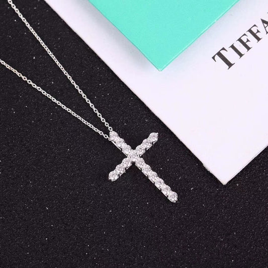 [Marins]MOISSANITE STONE CROSS PENDANT NECKLACE SIMULATED DIAMOND CROSS CHOKER