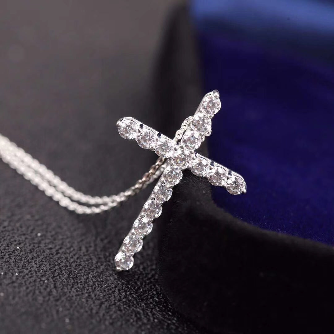 [Marins]MOISSANITE STONE CROSS PENDANT NECKLACE SIMULATED DIAMOND CROSS CHOKER