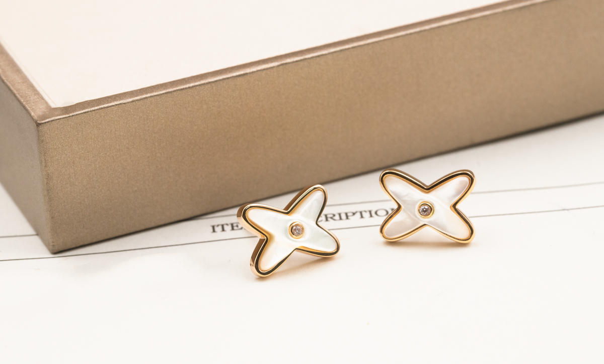 [Marins]JEUX DE WHITE MOP ROSE GOLD DIAMOND EARRINGS