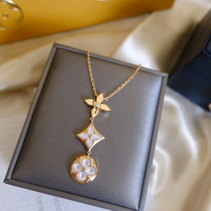 [Marins]COLOR BLOSSOM LARIAT NECKLACE PINK GOLD WHITE MOTHER PEARL AND DIAMOND