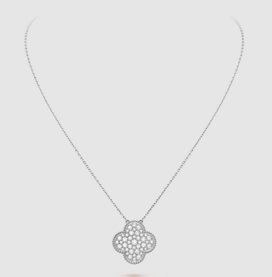 [Marins]CLOVER 25MM LARGE PENDANT DIAMOND PAVED SILVER NECKLACE