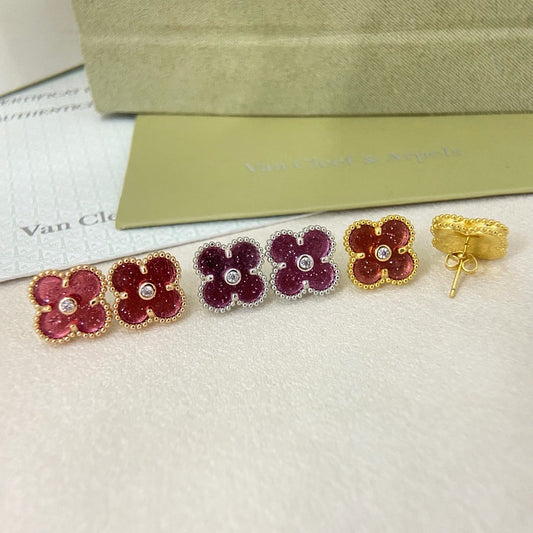 [Marins]2026 NEW  CLOVER 1 MOTIFPINK ENAMEL STUD EARRINGS WITH DIAMONDS