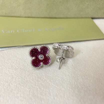 [Marins]2026 NEW  CLOVER 1 MOTIFPINK ENAMEL STUD EARRINGS WITH DIAMONDS