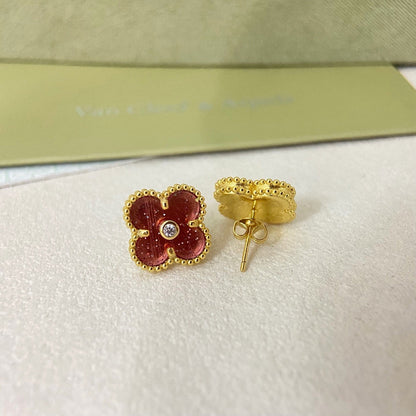 [Marins]2026 NEW  CLOVER 1 MOTIFPINK ENAMEL STUD EARRINGS WITH DIAMONDS